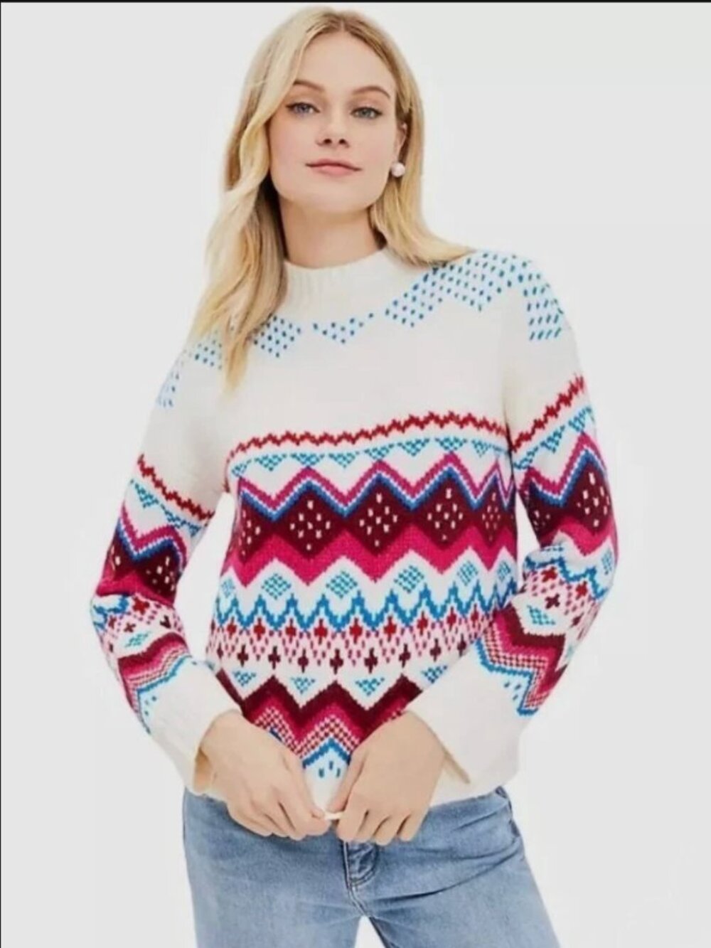 LOFT Whisper White Fair Isle Wide Sleeve Mock Neck Sweater, L, Never Worn